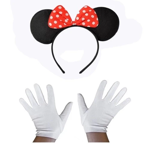 Kırmızı Fiyonklu Minnie Mouse Tacı ve Beyaz Eldiven Seti ürün görseli 1
