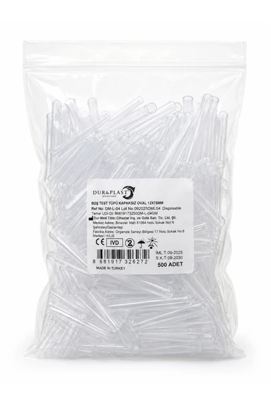 DUR&PLAST Boş Test Tüpü Kapaksız Oval 12x75mm 500 Adet ürün görseli 1