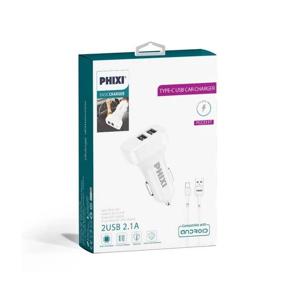Phixi PCC511T Basic 2.1A Çift Çıkışlı Type-C USB Kablolu Araç Şarj Cihazı - Resim 2