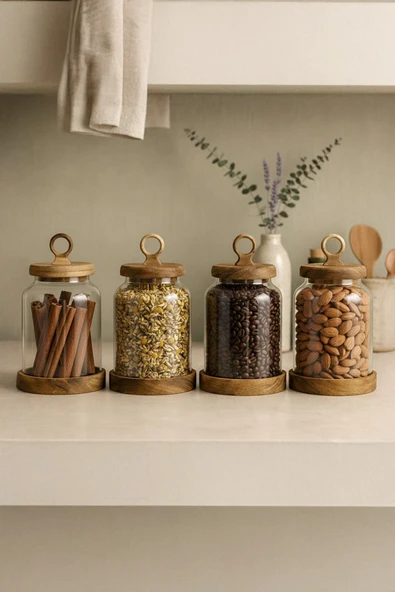 Kitchen Life 4'lü Akasya Standlı Kulplu Kapaklı Borasilikat Kavanoz Baharatlık Seti Bakliyat 480 ml ürün görseli 1