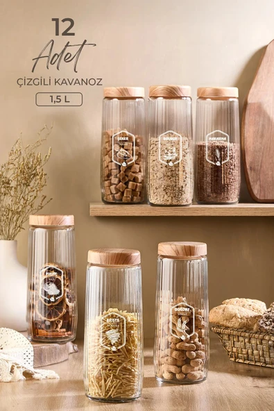 Kitchen Life 12 Adet 1,5 Litre Mega Boy Bambu Kapak Görünümlü Çizgili Kavanoz Seti 1500 ML ürün görseli 1