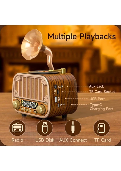 Nostaljik Gramofon Tasarımlı Bluetooth Hoparlör – 3 Bant Radyo, USB/TF Kart, AUX, Type-C | Retro Şıklık + Modern Ses Deneyimi (AÇIK KAHVERENGİ) ürün görseli 1