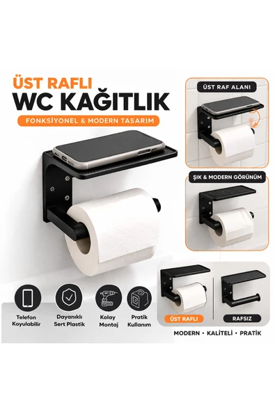 ? Üst Raflı Tuvalet Kağıdı Askılığı | Telefon Koyulabilir WC Kağıtlık | Sert Plastik Duvar Tipi ürün görseli 1