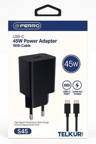 FERRO S45 Siyah 45W usb-c Çıkışlı Süper Hızlı Şarj Adaptör Başlık - Typec & Typec 1m Kablo Seti ürün görseli 1