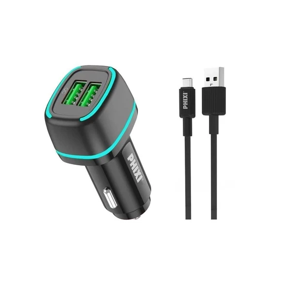 Phixi Force QCC571TB Çift Çıkışlı Fast Type-C USB Kablolu Araç Şarj Cihazı Siyah ürün görseli 1