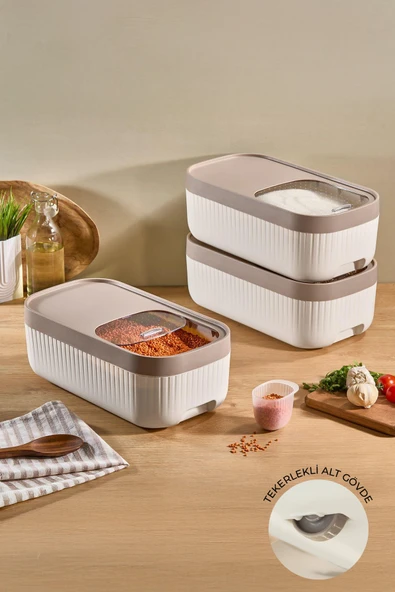 Kitchen Life 3'lü Ölçekli Tekerlekli Kayar Kapaklı Erzak Bakliyat Saklama Kabı 7,5 Litre ürün görseli 1
