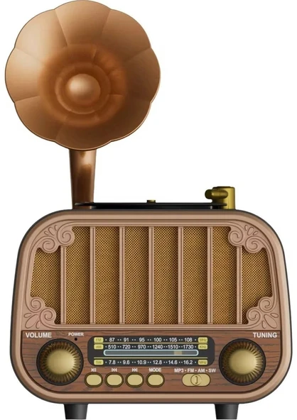 Nostaljik Gramofon Tasarımlı Bluetooth Hoparlör – 3 Bant Radyo, USB/TF Kart, AUX, Type-C | Retro Şıklık + Modern Ses Deneyimi (KAHVERENGİ) ürün görseli 1