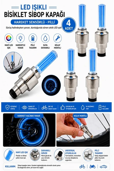 Işıklı Sibop Kapağı 4 lü 1 Paket Fotosel Haraket Sensörlü Led Işık Bisiklet Araba Motor Tekerlek Lastik ürün görseli 1