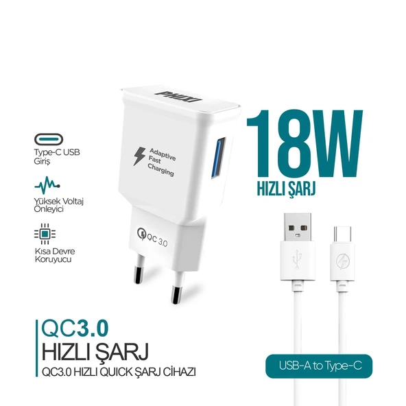 Phixi QCH202T Basic 12V / 3A Qualcomm 3.0 Type-C USB Kablolu Hızlı Şarj Cihazı ürün görseli 1