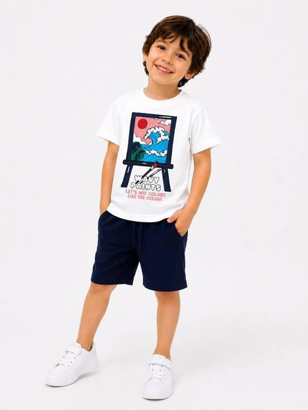 Cg Kids Baskılı T-Shirt ve Lacivert Müslin Şort Erkek Çocuk Alt Üst Takım ürün görseli 1