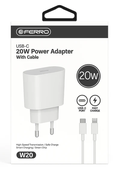 FERRO W20 Apple IPhone Tüm Modeller İçin Uyumlu Hızlı Şarj Aleti Set 20W Adaptör & Usb-C Kablo ürün görseli 1