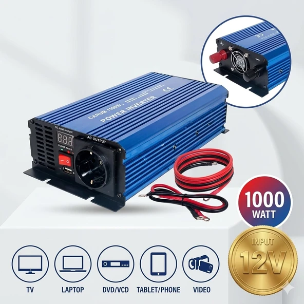 CARUB 12V to 220V Çevirici İnvertör 1000W - Araç Ve Karavan Tipi USB Çıkışlı Dijital Ekranlı Güç Yükseltici ürün görseli 1