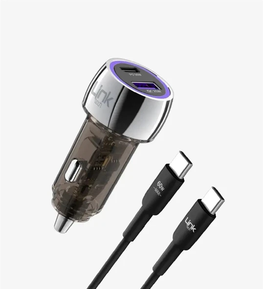 Linktech C437 Şeffaf 55W Çift PD (30W) ve QC (25W) Süper Hızlı Araç Şarj Cihazı Type-C→Type-C Kablo ile ürün görseli 1