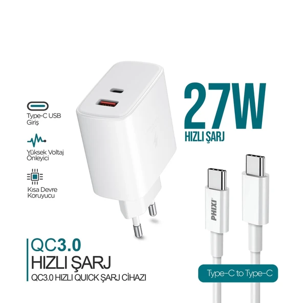Phixi Ultimate UPD4325T 27W PD Çift Çıkışlı TYPE-C Hızlı Şarj Cihazı ürün görseli 1