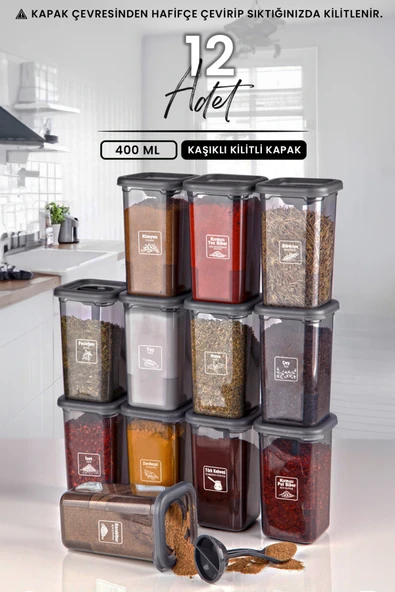 Kitchen Life 12'li Etiketli Kilitlenebilir Kapaklı Kendinden Kaşıklı Baharatlık Seti - Kilitli Baharatlık Takımı ürün görseli