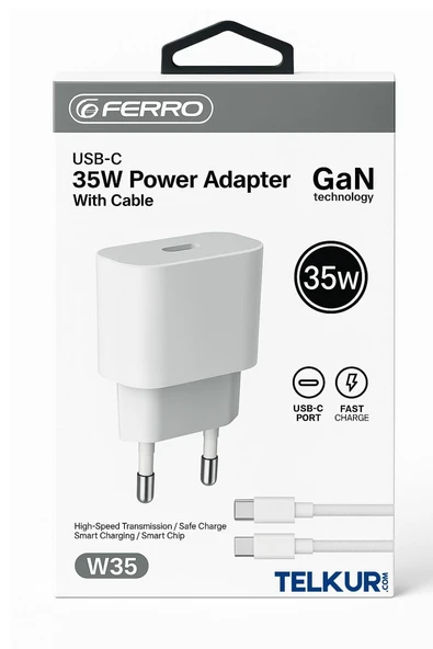 FERRO W35 Apple İPhone Tüm Serilere Uyumlu Hızlı 35w Usb-C Adaptör Başlık & Kablo ürün görseli 1