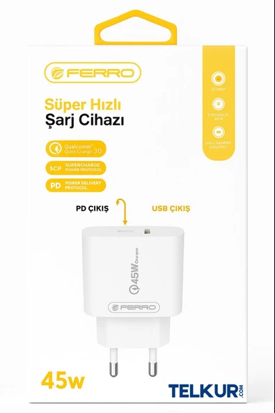 FERRO W45 Qualcom 3.0 USB+PD 45W Supet Hızlı Şarj Başlık ürün görseli 1