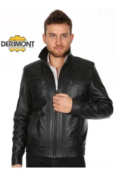 Hakiki Deri Siyah Erkek Deri Mont Dört Cepli Spor Deri Ceket ürün görseli 1