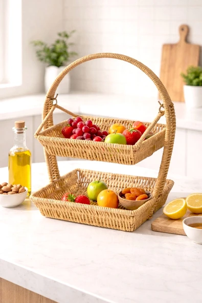 Kitchen Life Hasır Görünümlü İki Katlı Meyve Sunum Sunum Sepeti - Masa Üstü Organizer ürün görseli 1