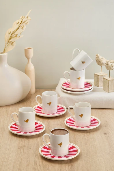 Kitchen Life 12 Parça 6 Kişilik Lovely Birds Porselen Altın Yaldızlı Kahve Fincanı Takımı ürün görseli 1