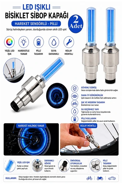 Mavi Işıklı Sibop Kapağı 2 li 1 Paket Fotosel Haraket Sensörlü Led Işık Bisiklet Araba Motor Tekerlek Lastik ürün görseli 1