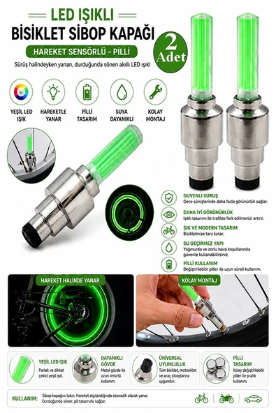 Yeşil Işıklı Sibop Kapağı 2 li 1 Paket Fotosel Haraket Sensörlü Led Işık Bisiklet Araba Motor Tekerlek Lastik ürün görseli 1