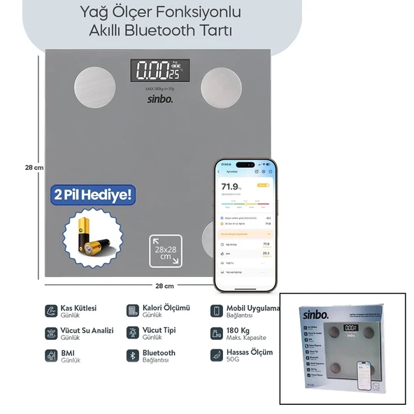 Baskül Gri Yağ Ölçer Akıllı Bluetooth Cam Baskül ürün görseli 1