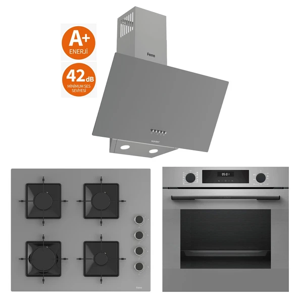 Bosch & Ferre Antrasit 3 lü Ankastre Set - Ultra Sessiz Davlumbaz - 42 dB ( HUA717BN0T - SS208 - D088-SA ) Buhar Destekli ürün görseli 1
