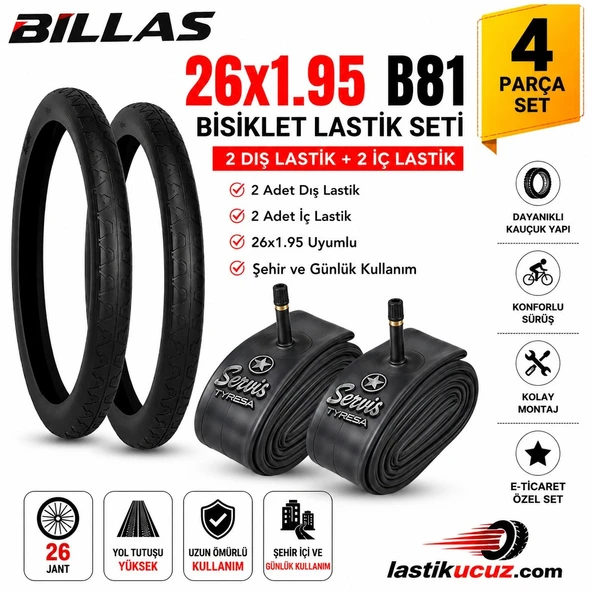 Billas 26x1.95 B81 Bisiklet Lastik Seti 2 Adet Dış Lastik + 2 Adet İç Servis Lastik 26 Jant MTB Şehir Bisikleti Uyumlu ürün görseli 1