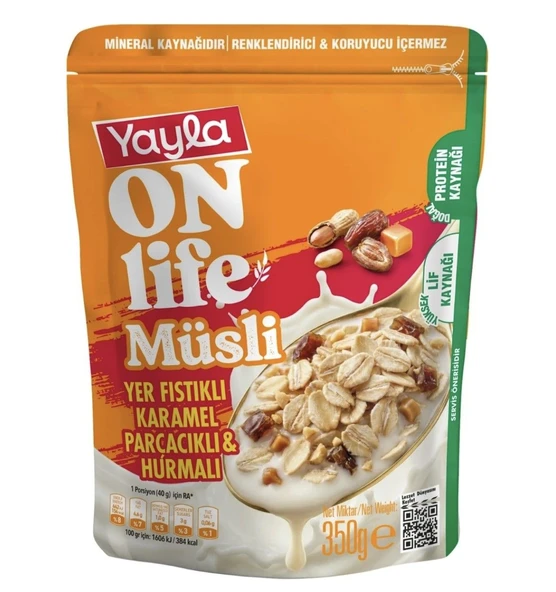 Onlife Yer Fıstıklı Karamel Parçacıklı ve Hurmalı Müsli 350grx2 paket ürün görseli 1