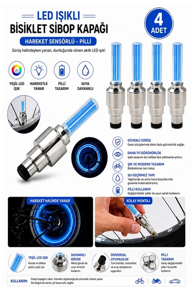 Mavi Işıklı Sibop Kapağı 4 lü 1 Paket Fotosel Haraket Sensörlü Led Işık Bisiklet Araba Motor Tekerlek Lastik ürün görseli 1