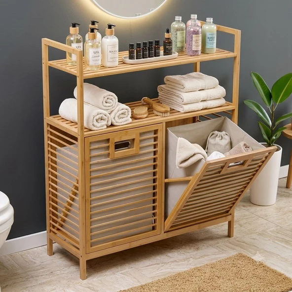 Çok Amaçlı Bambu Banyo Dolabı Düzenleyici Raf Ve Çift Bölmeli Kirli Çamaşır Sepeti ürün görseli 1