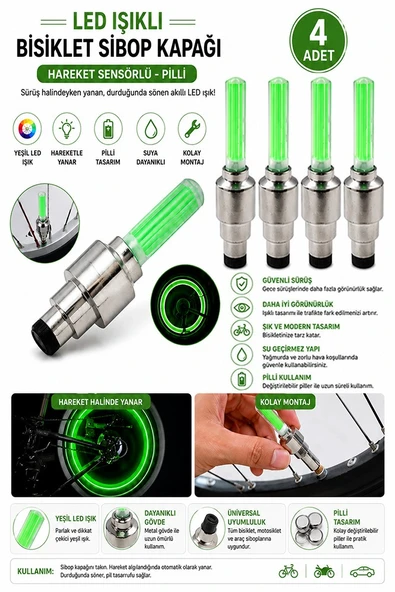 Yeşil Işıklı Sibop Kapağı 4 lü 1 Paket Fotosel Haraket Sensörlü Led Işık Bisiklet Araba Motor Tekerlek Lastik ürün görseli 1