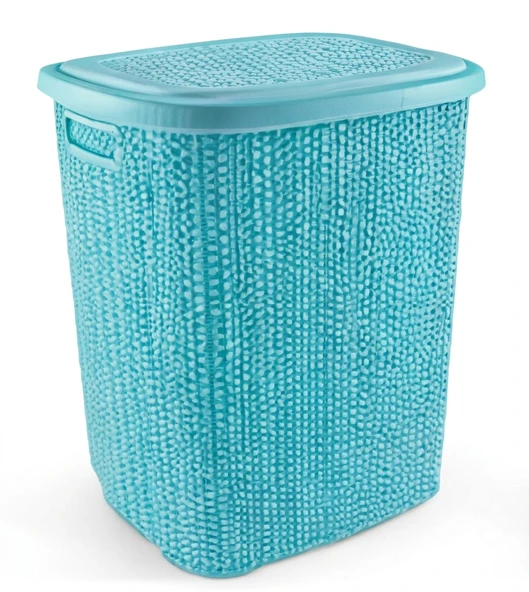 Kirli Çamaşır Sepeti Kapaklı 65 Lt Örgü Desenli Plastik Çamaşır Sepeti Banyo Sepeti - Turkuaz ürün görseli 1