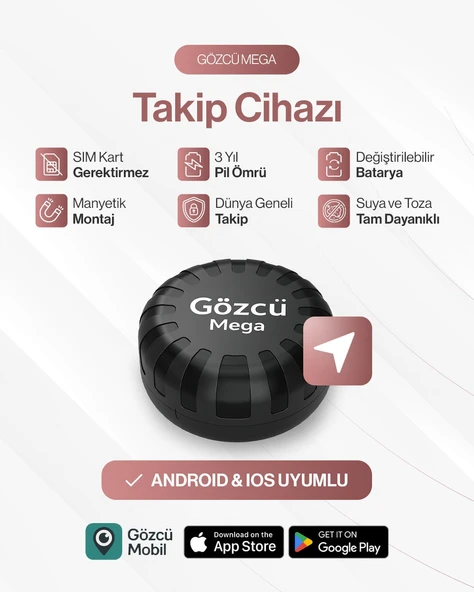 Gözcü Mobil Mega Takip Cihazı IOS Android Uyumlu Motor Araç Taşıt GPS Cihazı IP68 Su Geçirmez Akıllı Takibi (5-10 Dakika Aralıklı Sinyal Alır) ürün görseli 1