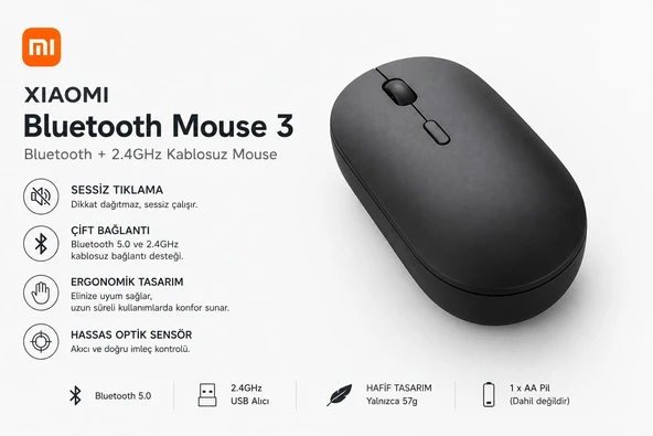 Xiaomi  Bluetooth Mouse 3.Nesil  2.4GHz Kablosuz Sessiz Mouse - Resim 2