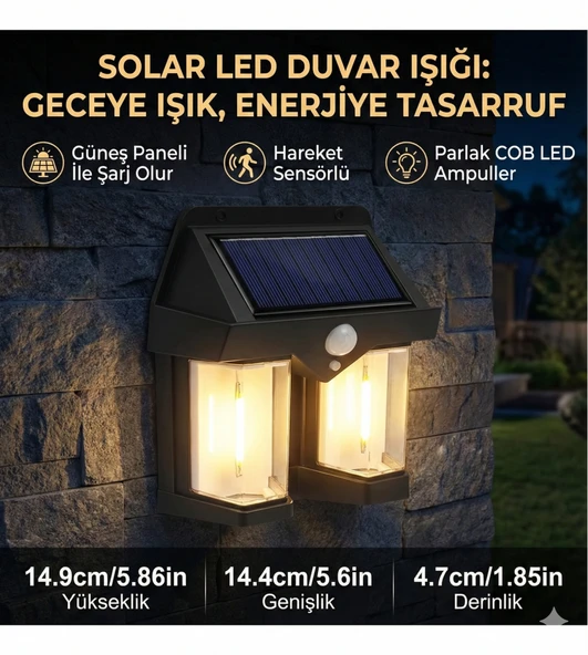 Rustik Ampul İkili Solar Duvar Aplik Güneş Enerjili Hareket Sensörlü ürün görseli 1
