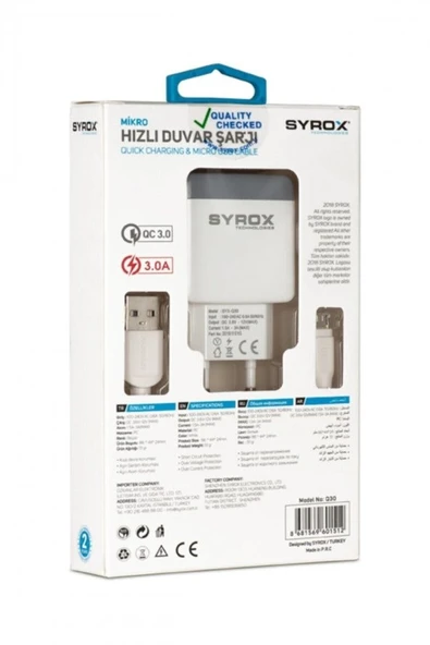 Syrox Q30 Micro Data 3.0A Hızlı Quick Şarj Aleti ürün görseli 1