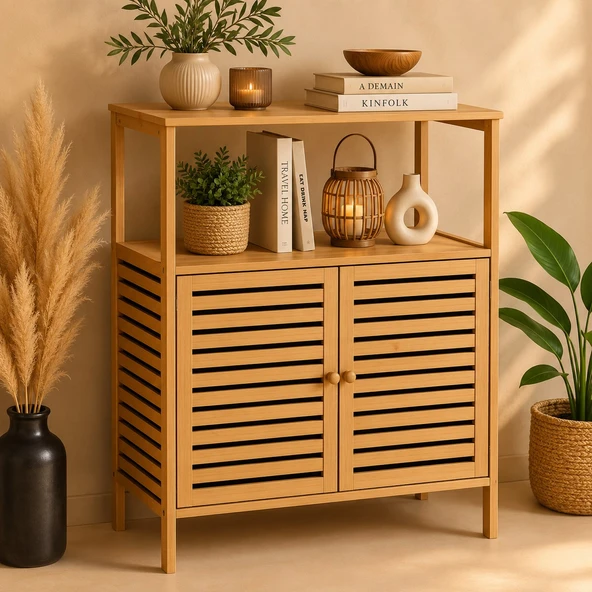 Bambu Çok Amaçlı Dolap Raflı Ahşap Banyo Dolabı Mutfak Düzenleyici Balkon Saklama Ünitesi ürün görseli 1