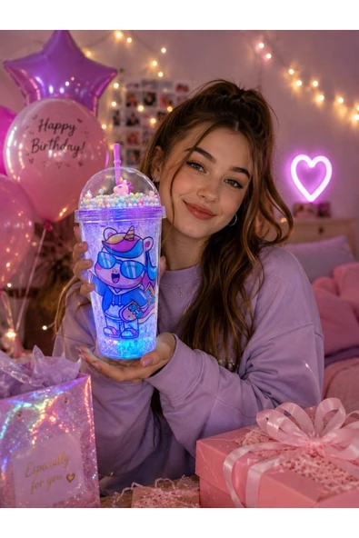 450 ML Led Işıklı Pipetli İçecek Bardağı Boncuklu Sevimli Unicorn Tasarımlı Suluk Mavi 2646 ürün görseli 1