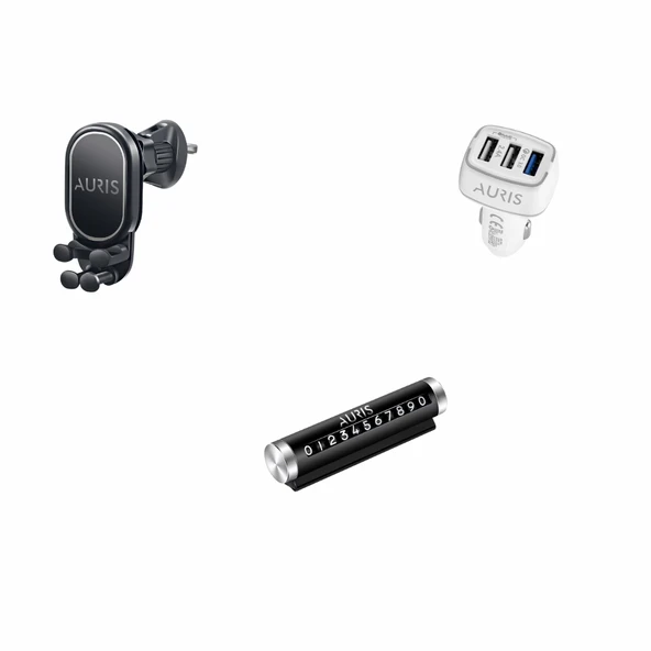 AURIS Araç İçi 3lü Set Telefon Tutucu Çift USB Araç Şarj Cihazı Park Numaratör ürün görseli 1