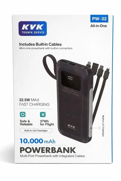 kvk 10000 mAh 22.5W Hızlı Şarj All-in-One Powerbank 4 Entegre Kablo LED Fener Dijital Ekran ürün görseli 1