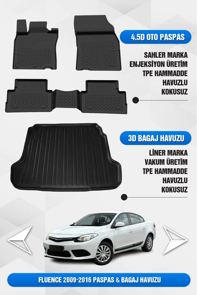 Renault Fluence 2009-2016 Uyumlu 4.5D Premium Havuzlu Oto Paspas ve Liner Bagaj Havuzu ürün görseli 1