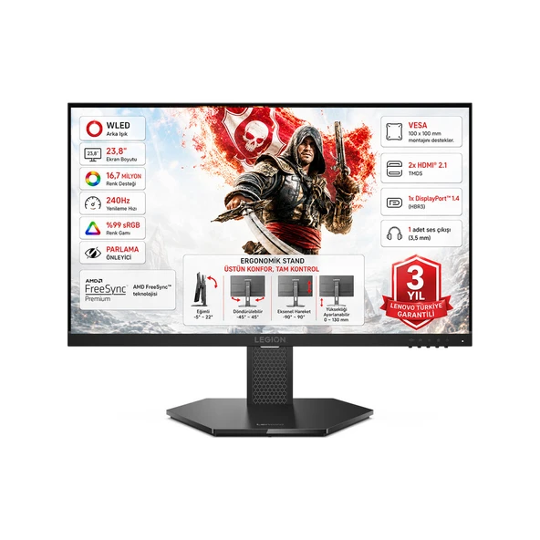 Lenovo Legion 24-15 23.8" 0.5 ms 240Hz (2xHDMI+DisplayPort) IPS FHD WLED Pivot Gaming Monitör 67E7GAC4TK ürün görseli 1