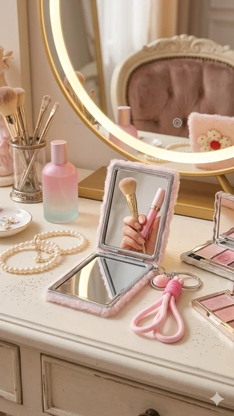 Pembe Peluş Beyaz Çiçek Tasarımlı Çift Taraflı Katlanabilir Cep Aynası Makyaj Aynası Çanta Aksesuarı ürün görseli 1