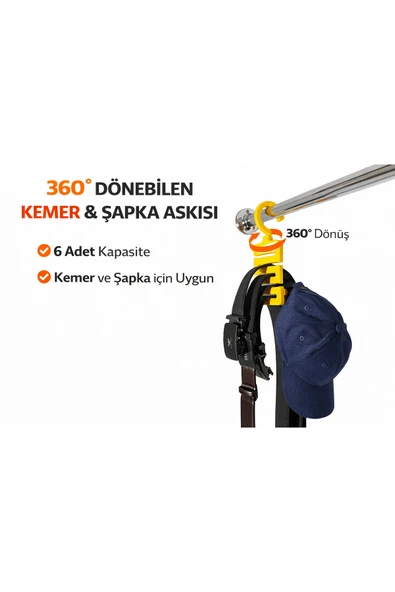2 Adet 360° Dönebilen Kemer & Şapka Askısı | 6 Bölmeli Dolap İçi Düzenleyici | Sert Plastik ürün görseli 1