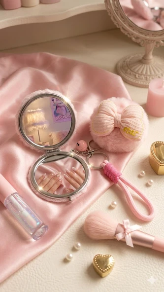 Pembe Peluş Fiyonk Tasarımlı Çift Taraflı Katlanabilir Cep Makyaj Aynası Anahtarlıklı Çanta Aksesuar ürün görseli 1