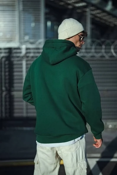 Üç İplik Penye Kapşonlu Basic Sweatshirt - Haki - Resim 3