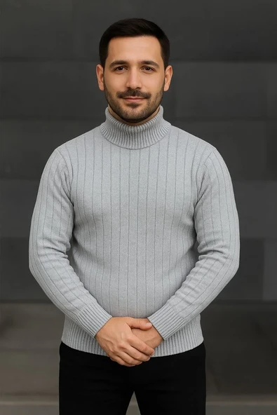 Erkek Balıkcı Yaka Bağazlı Triko Kazak Pamuklu Kalın Fitilli Dokuma, Regular Fit Uzun Kollu Kışlık Model - Gri ürün görseli 1