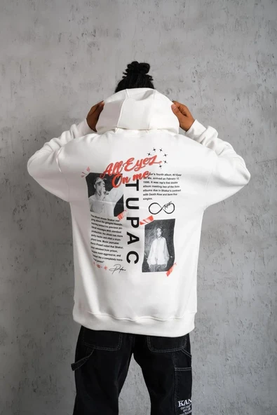 Erkek Ön Arka Baskılı Kapşonlu Sweat - Beyaz - Resim 4